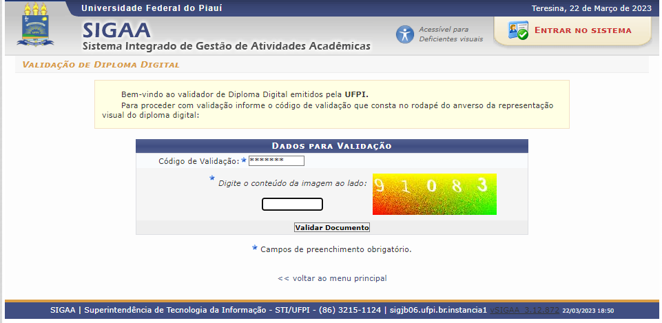 Tela de validação de diploma pelo SIGAA